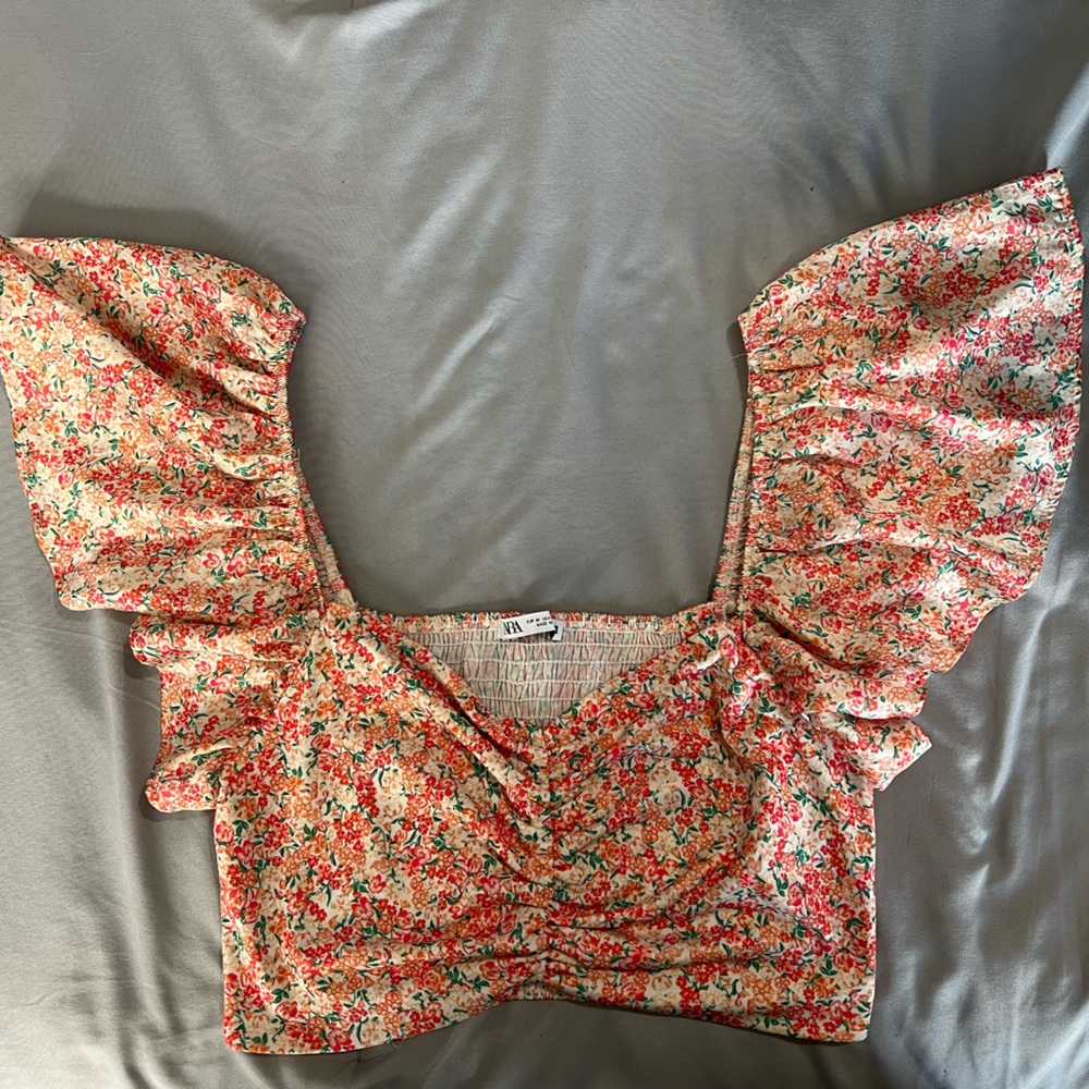 Zara orange and pink cropped shirt